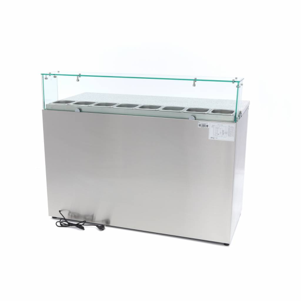 MAXIMA Picos paruošimo šaldytuvas 137 cm 3 durys 8 × 1/6 GN su granito stalviršiu ir stiklo vitrina 09400208 | E-gastro