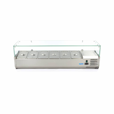 MAXIMA Stalviršinis paruošimo šaldytuvas 150 cm 6 × 1/3 GN su stiklo gaubtu 09400326 | E-gastro