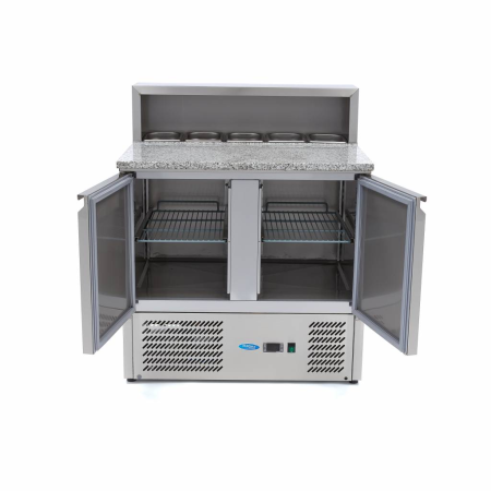 MAXIMA Picos paruošimo šaldytuvas 90 cm 2 durys 5 × 1/6 GN su granito stalviršiu ir viršutine vitrina 09400200 | E-gastro