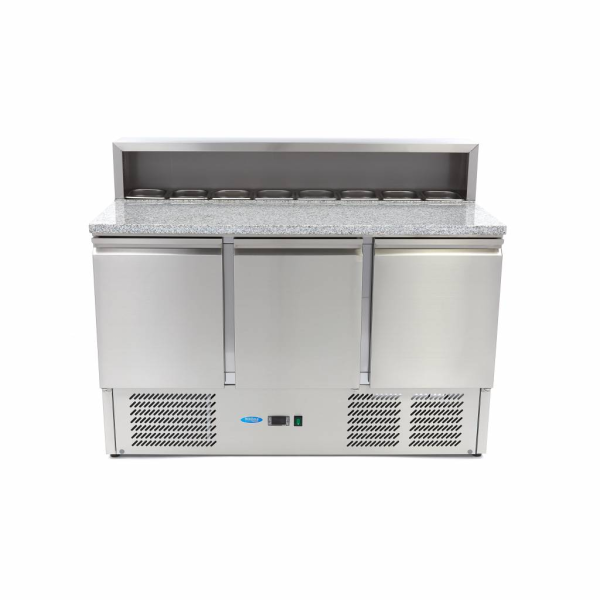 MAXIMA Picos paruošimo šaldytuvas 137 cm 3 durys 8 × 1/6 GN su granito stalviršiu ir viršutine vitrina 09400205 | E-gastro
