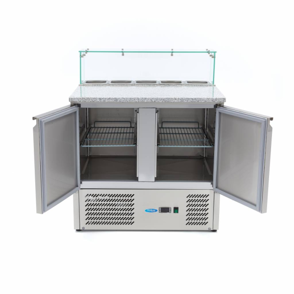 MAXIMA Picos paruošimo šaldytuvas 90 cm 2 durys 5 × 1/6 GN su granito stalviršiu ir stiklo vitrina 09400207 | E-gastro